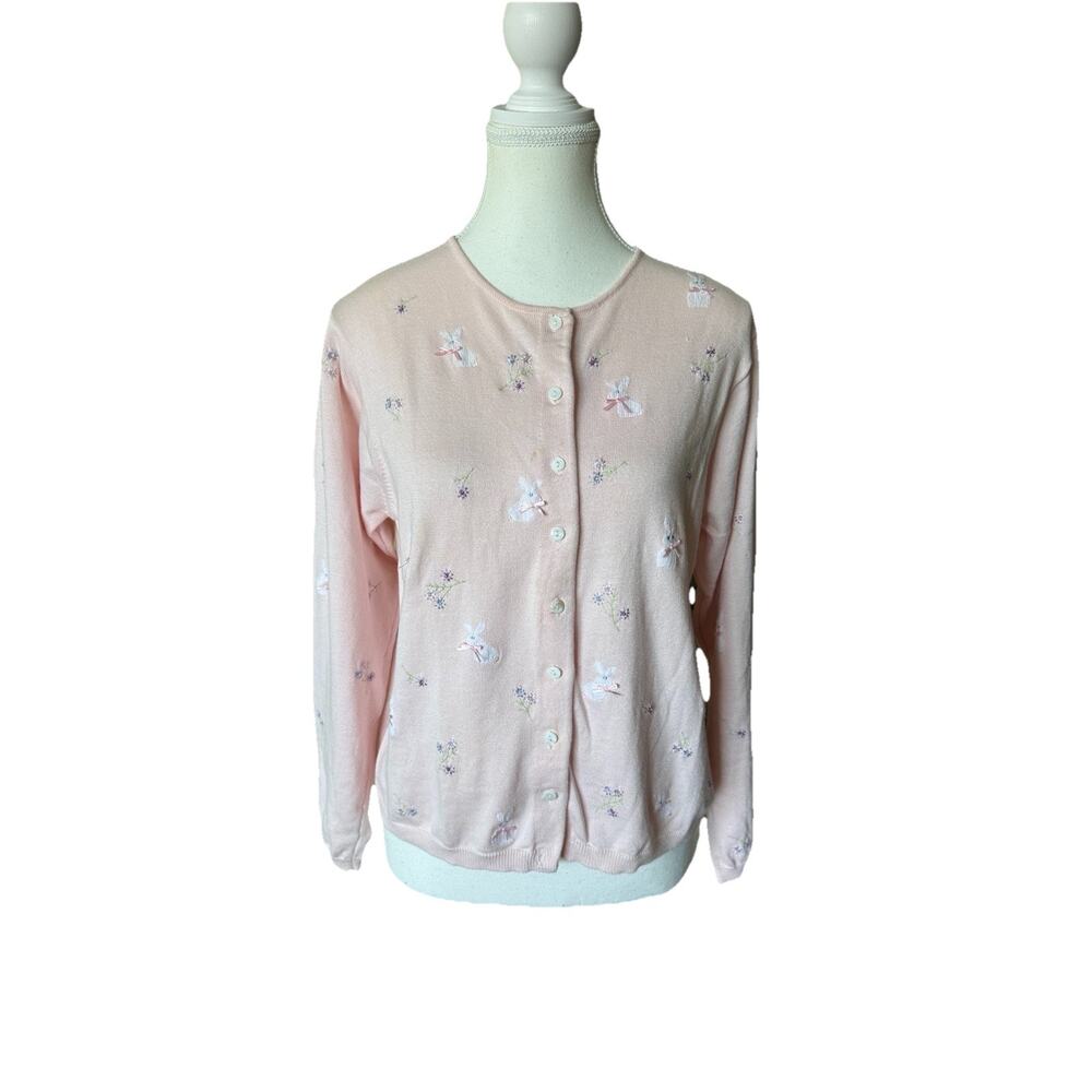 Marisa Christina Vintage Pink Cotton Cardigan Bunny Floral Embroidered Large - Picture 1 of 9